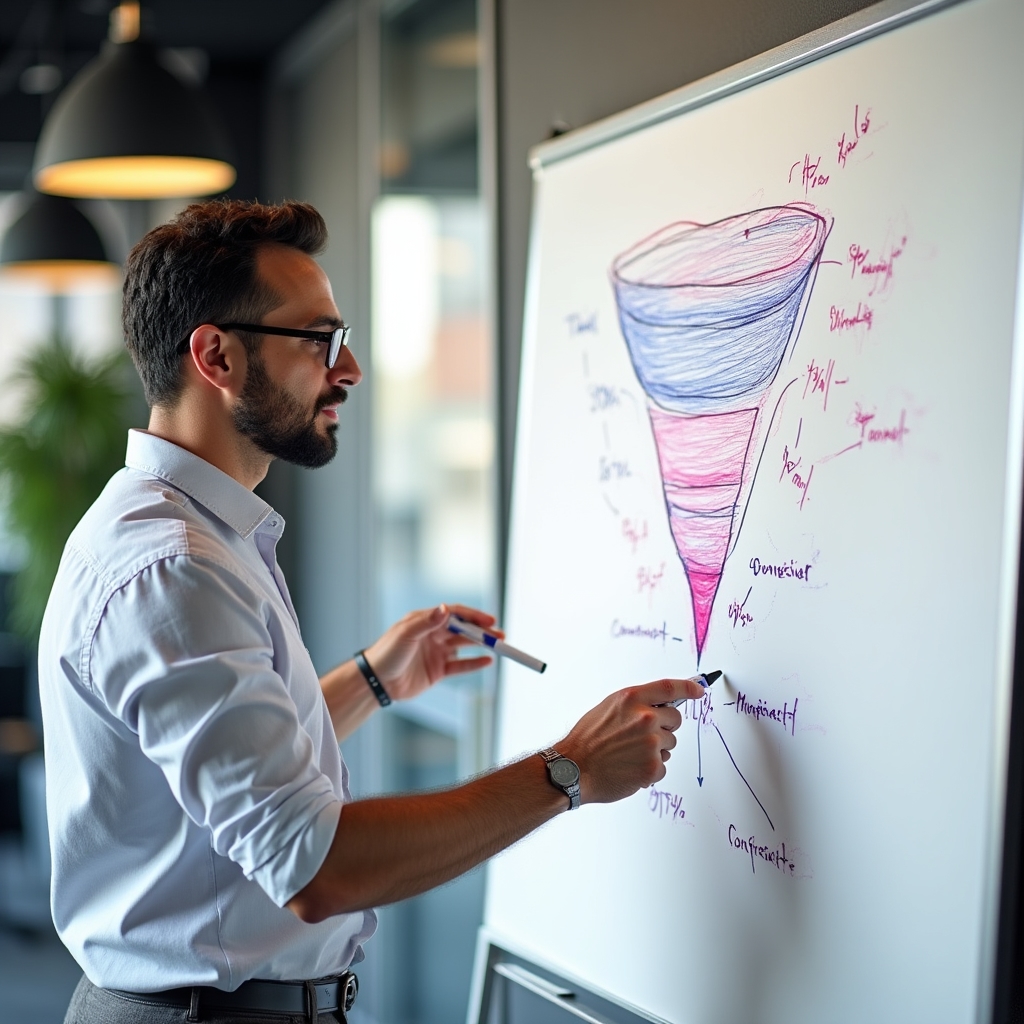 Diagramă de funnel de conversie desenată pe o tablă albă, cu etape marcate